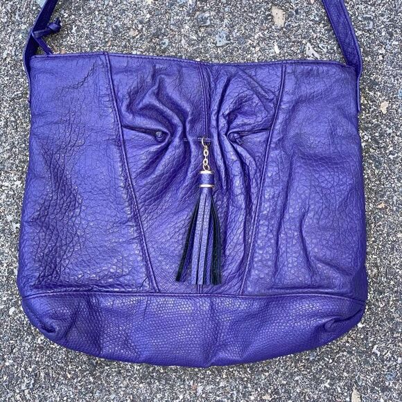 Empress, Vintage Purple Embossed Leather Shoulder Bag, Ruching & Tassel Accent - Picture 1 of 15